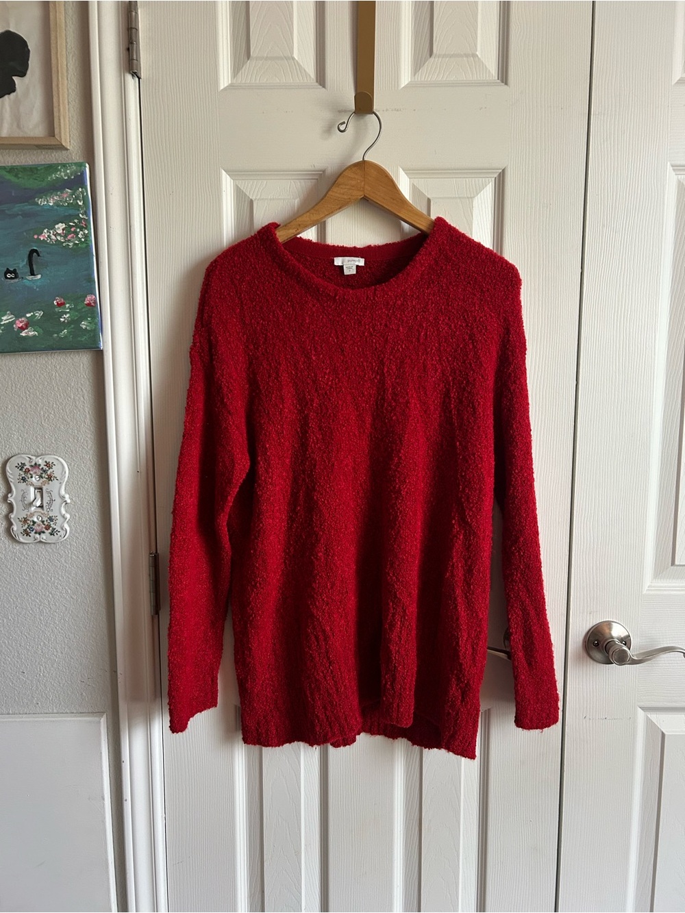 Pure Jill cherry red wool blend perfect bouclé knit plush teddy bear sweater